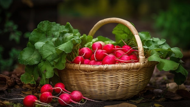 Un panier de radis avec des feuilles vertes en arrière-plan