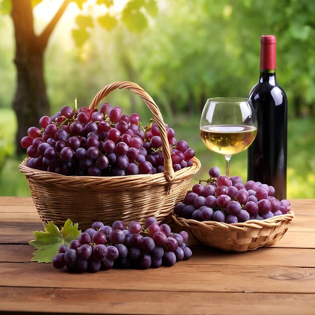 un panier de raisins et une bouteille de vin sur une table