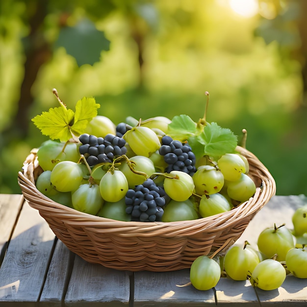 un panier de raisins avec une feuille verte en arrière-plan