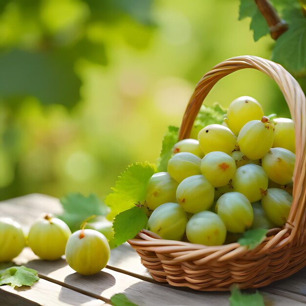 un panier de raisins avec des feuilles et un raisin vert en arrière-plan