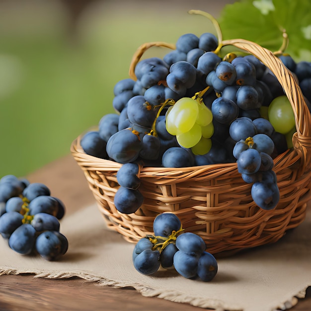 un panier de raisins avec un raisin vert dedans