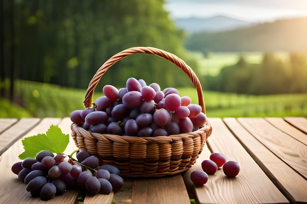 Un panier de raisins sur une table avec vue sur un vignoble en arrière-plan