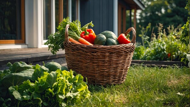 Un panier avec une récolte de légumes frais respectueux de l'environnement du jardin dans la cour de la maison Cultivation de cultures de légumes loisirs générés par l'IA