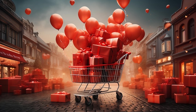 un panier rempli de cadeaux de couleur rouge