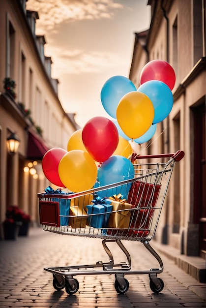 Photo un panier rempli de cadeaux et orné de ballons