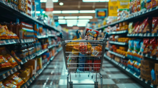 Un panier rempli d'épiceries dans une allée animée d'un supermarché