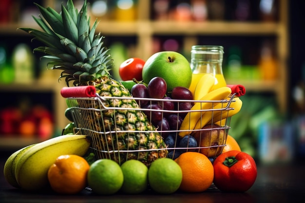 Panier rempli de fruits et légumes frais à l'épicerie