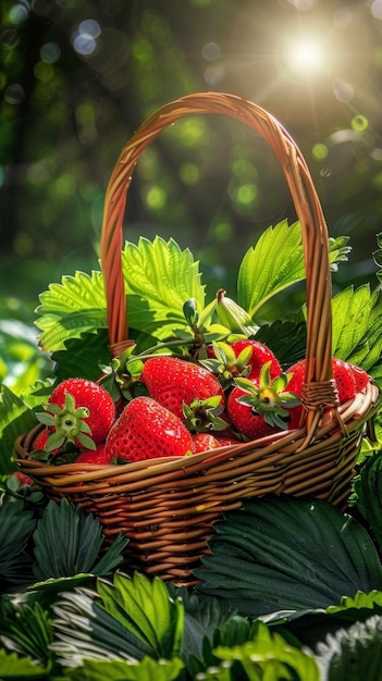 Un panier rempli jusqu'au bord de fraises délicieuses se trouve dans un coin ensoleillé entouré de verdure, prêt pour le marché d'été.
