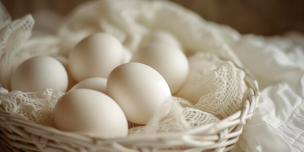 Un panier rempli d'œufs blancs frais capturant l'essence de la simplicité et de la cuisine de FarmFresh