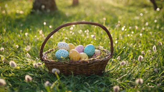 Un panier rempli d'œufs sur un champ vert et luxuriant