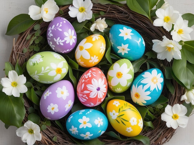 un panier rempli d'œufs et de fleurs peints de couleurs sur un dessus de table