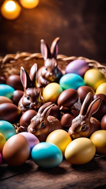 Un panier rempli d'œufs et de lapins au chocolat