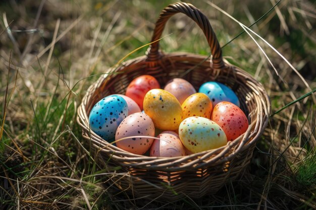 Panier rempli d'œufs de Pâques aux couleurs vives sur une prairie verdoyante luxuriante AI générative