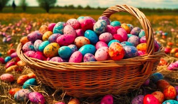 Un panier rempli d'oeufs de pâques colorés sur un champ