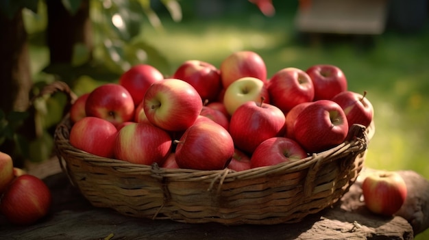 Un panier rempli de pommes rouges bouffantes et mûres.