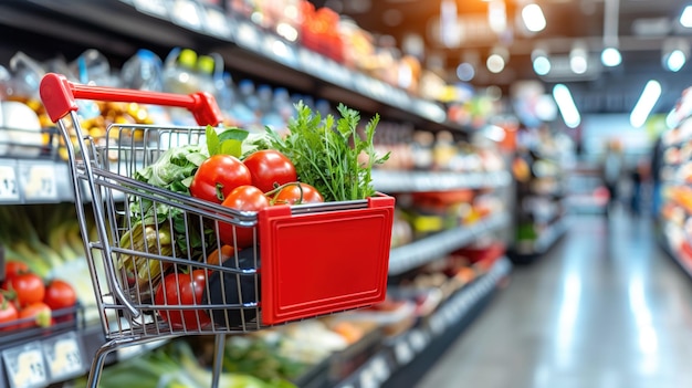 Un panier rempli de produits frais dans l'allée de l'épicerie