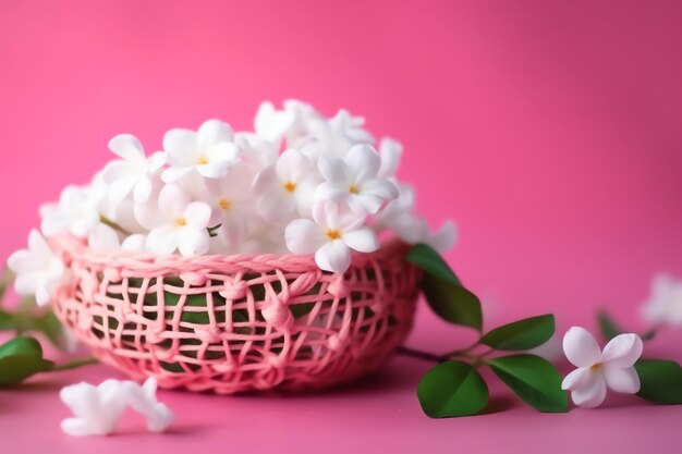 Un panier rose avec des fleurs blanches dessus et une feuille verte sur la droite.