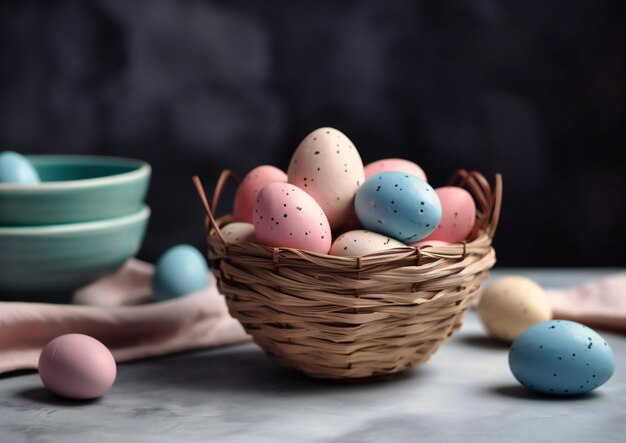 Un panier rose avec des oeufs de pâques de pâques sur un tableau blanc