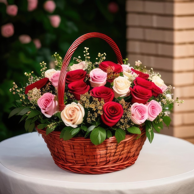 Un panier de roses est sur une table avec une nappe blanche.