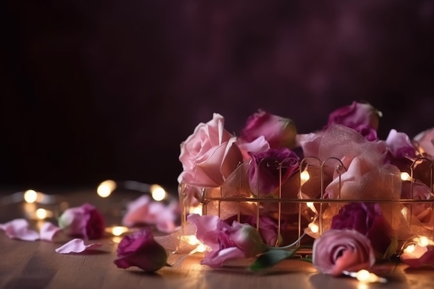 Un panier de roses avec des lumières sur la table