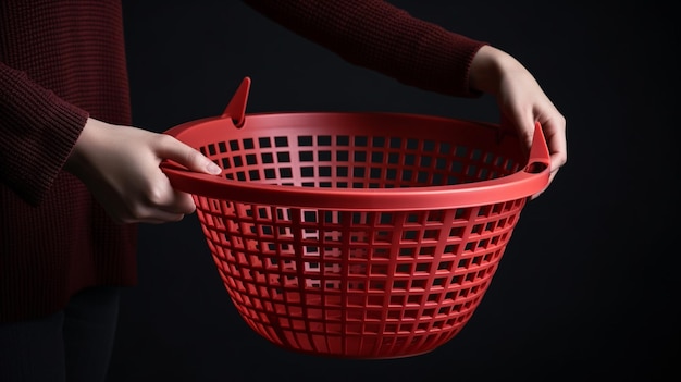 Un panier rouge est tenu dans les mains de quelqu'un.