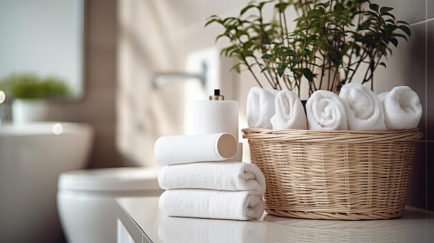 Un panier avec des rouleaux de papier sur un bol de toilette en céramique dans une salle de bain moderne