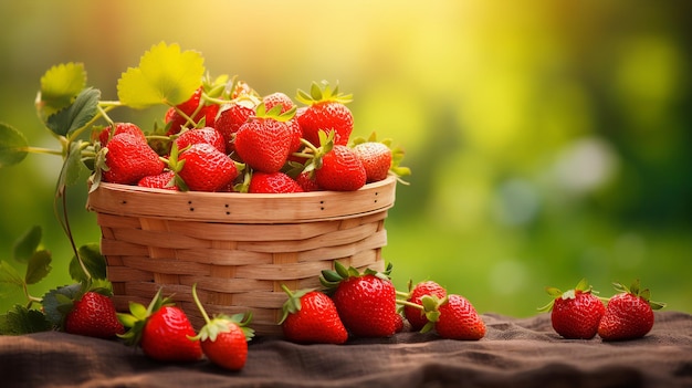 Un panier rustique rempli de fraises fraîches entouré de fraisiers sur fond ensoleillé