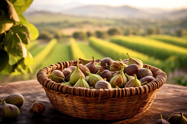 Photo un panier rustique rempli de papier peint de figues fraîches