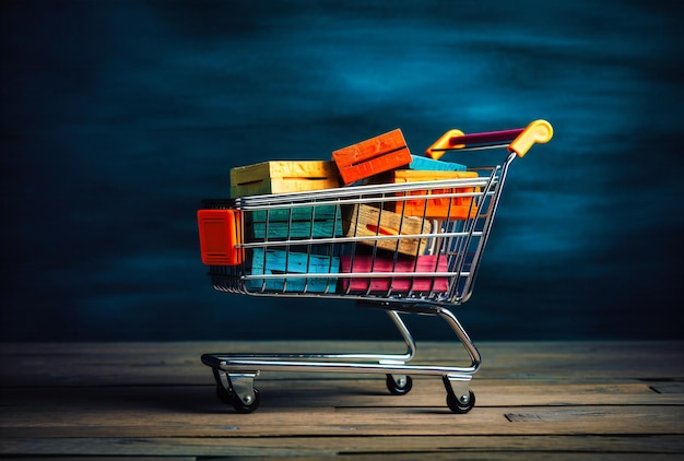 Panier avec des sacs à provisions colorés flottant au-dessus d'un fond en bois bleu