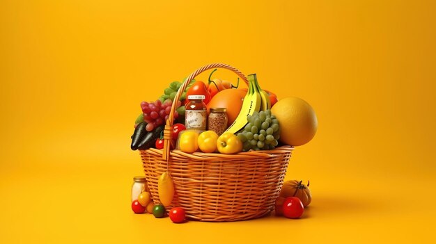 panier de supermarché avec des aliments position droite sur fond jaune génératif Ai