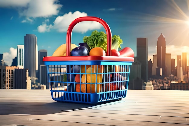 Photo panier de supermarché avec icône d'emplacement dans un concept de magasinage 3d réaliste