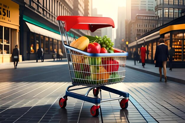 Photo panier de supermarché avec icône d'emplacement dans un concept de magasinage 3d réaliste