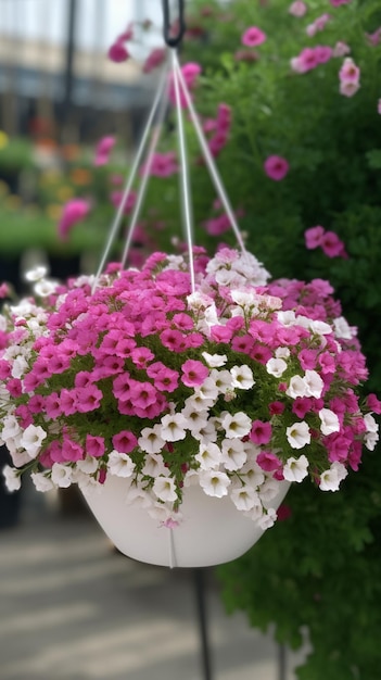 Un panier suspendu de fleurs avec des fleurs roses suspendues.