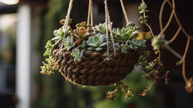 Un panier suspendu de plantes succulentes est suspendu à une branche d'arbre.