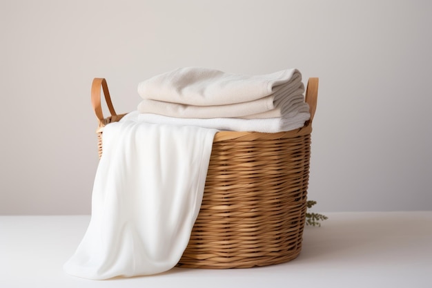 Un panier tendance en bambou écologique avec un design en osier de paille orné d'un tissu en coton blanc pour