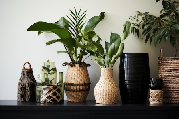 Un panier tissé contient une plante d'intérieur qui est placée à côté d'une variété de vases sur un buffet