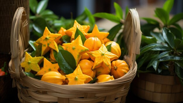 Un panier tissé rempli de fruits d'étoile frais et mûrs