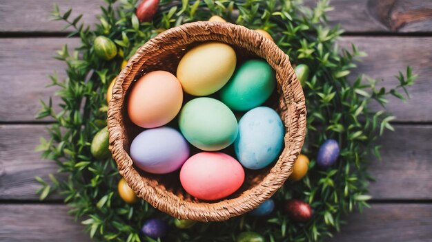 Photo un panier tissé rempli d'œufs de pâques colorés sur une surface en bois décorée de feuillage artificiel