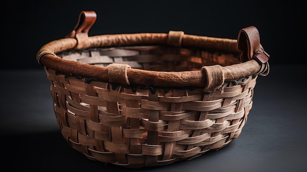 Panier tissé rustique avec des lanières de cuir généré par l'IA