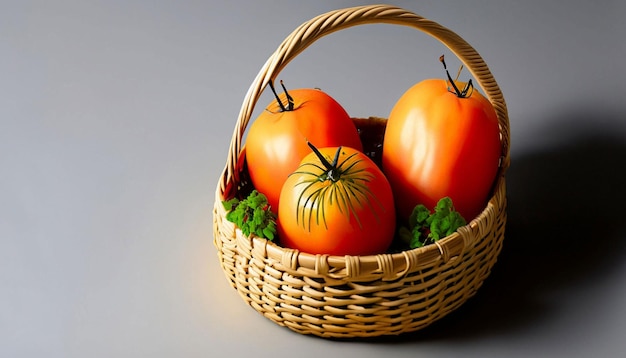 Un panier de tomates est représenté avec une feuille verte sur le fond.