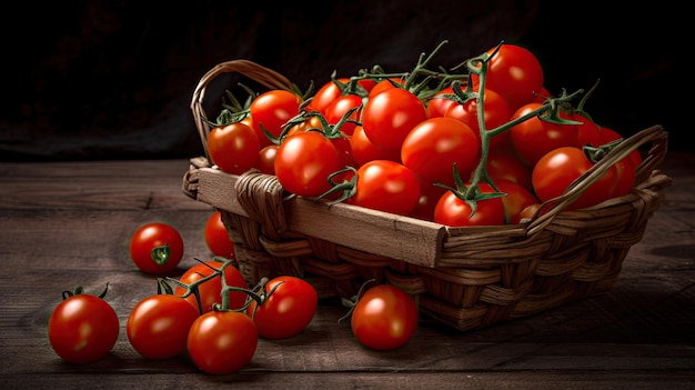 Un panier de tomates sur une table en bois