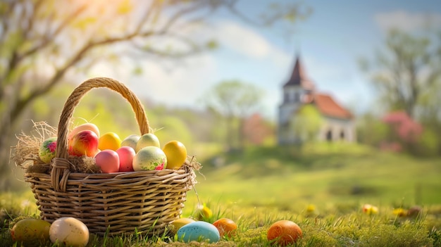 Un panier traditionnel de Pâques rempli d'œufs colorés et une petite église en arrière-plan