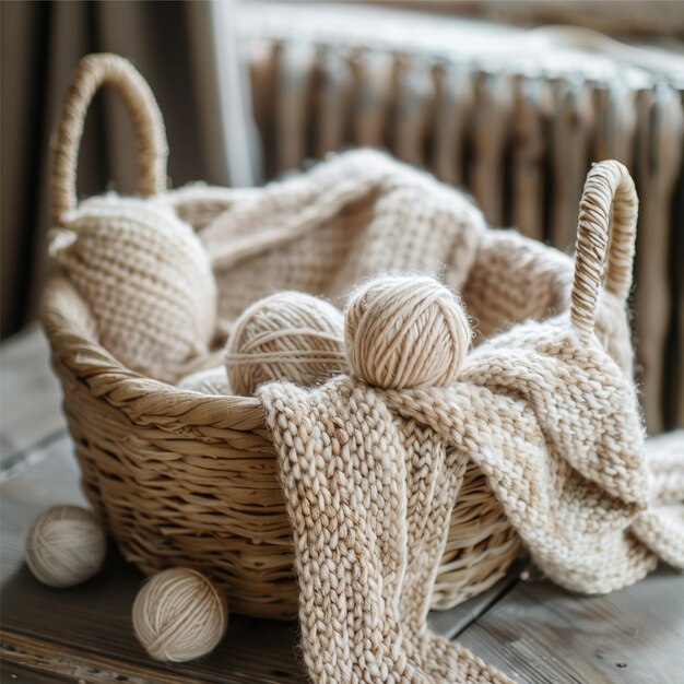 panier avec tricot et boules de fil de style scandinave
