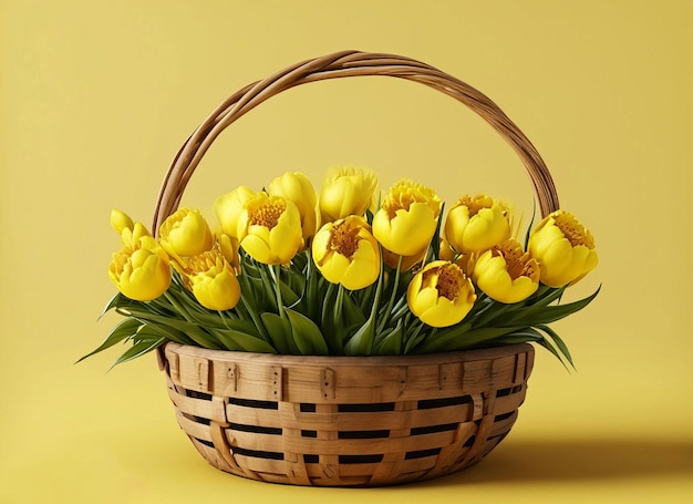 Un panier de tulipes est sur un fond jaune.