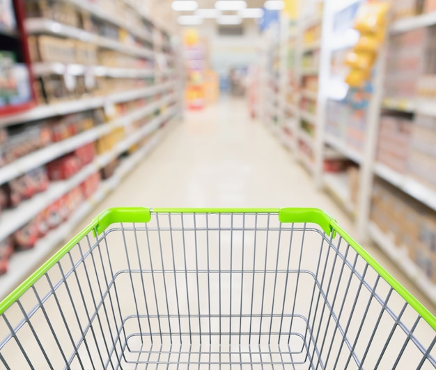 Panier vert vide avec supermarché flou