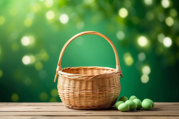 Un panier vide sur une table en bois sur un fond bokeh vert Modèle de printemps et de Pâques pour la conception