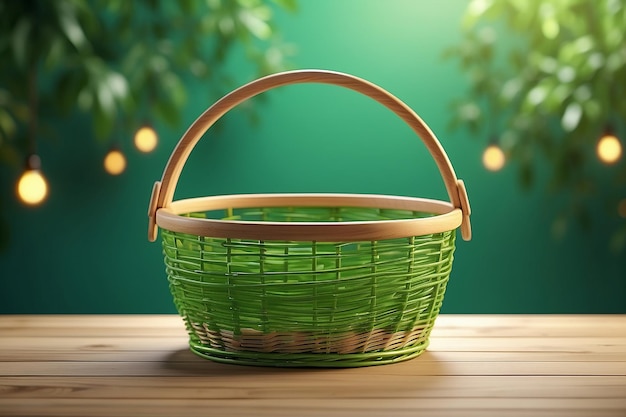 Photo un panier vide sur une table en bois sur un fond bokeh vert modèle de printemps et de pâques pour la conception