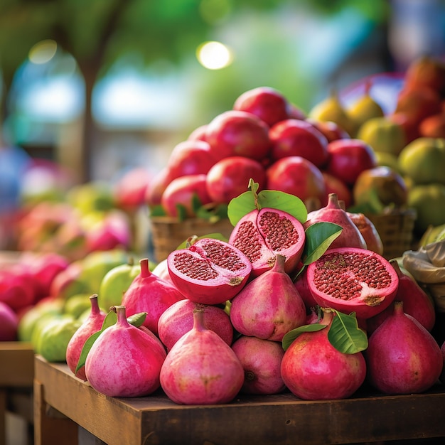 Des paniers débordant de fruits d'une luxuriante plantation de goyaves mûres