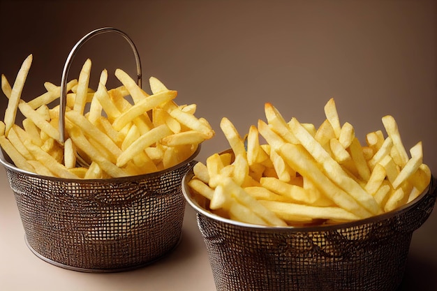 Paniers métalliques fins avec portion de délicieuses frites chaudes