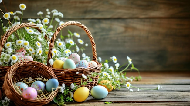 Des paniers avec des œufs de Pâques colorés sur une table antique en bois rustique